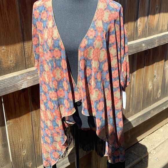 LulaRoe Monroe cardigan career sheer fringe black red brown geometric Large - Picture 3 of 4